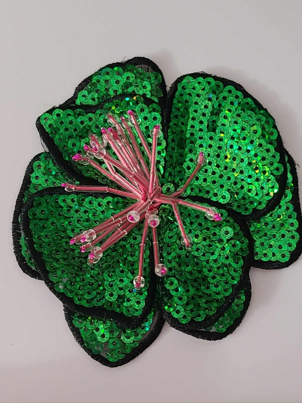3D Hibiscus Beaded Applique Flower Iron On Patch Sequins Tropical Green Pink